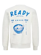 Buzo blanco melange de algodón con cuello redondo, estampa azul en el frente y calce amplio.