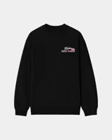 Buzo negro de cuello redondo, con diseño gráfico estampado en el pecho con texto en rosa y blanco. Cuenta con puños y cintura elastizados en rib.