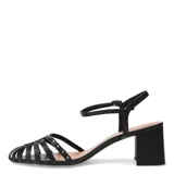 Sandalias de cuero negro con taco cuadrado, diseño de tiras entrelazadas en la parte delantera decoradas con tachas metálicas y cierre de pulsera con hebilla al tobillo.