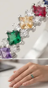 Anillo de plata 925 tipo medio sin fin, con diseño de circonias cuadradas y redondas en diversos colores engastadas en una estructura de plata.