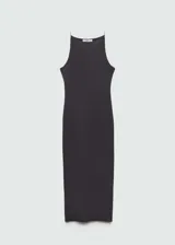 Vestido midi de algodón color gris oscuro, con cuello halter y tirantes finos.