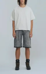 Remera de manga corta, cuello redondo, calce boxy fit, color gris claro.