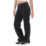 Pantalon de jean negro con corte relajado y pierna ancha, de tiro medio con cierre de botón y cremallera.