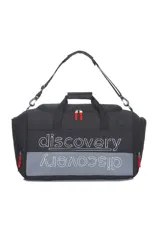 Bolso deportivo tipo duffel bag, color negro y gris, con correas de mano y correa ajustable para hombro. Presenta el texto "discovery" estampado en blanco en la parte superior y en espejo en la parte inferior sobre un panel gris.