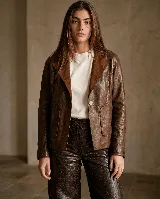 Blazer reversible de cuero 100% de cabrito, color marrón, con solapa clásica, cierre frontal con un botón y bolsillos funcionales.