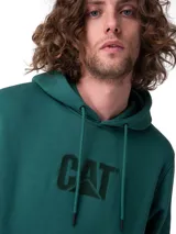Buzo canguro verde con capucha y cordones de ajuste, bolsillo tipo kline y logotipo de CAT bordado en el pecho.
