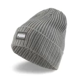 Gorro de lana Puma gris con logo rectangular de la marca en el frente.