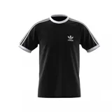 Remera negra de corte clásico con cuello redondo y mangas cortas con ribete blanco. Presenta las tres rayas blancas características de Adidas en los hombros y el logo del trifolio bordado en blanco en el pecho.