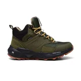 Botas de trekking Hi-Tec Geo Fox Mid, color verde oliva con detalles en negro y marrón. Cuentan con tecnología Dri-Tec Waterproof, plantilla Air Flow, espuma Geo Foam y suela M-D Traction.