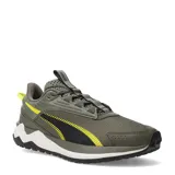 Championes de trail running Puma modelo Extend Lite, color verde oliva con detalles en negro y amarillo neón. Presentan una estructura robusta con malla transpirable, refuerzos sintéticos y suela dentada para mayor tracción.