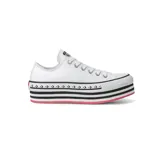 Championes Converse All Star Plat Layer Ox de mujer, color blanco con plataforma a rayas horizontales negras y base fucsia.