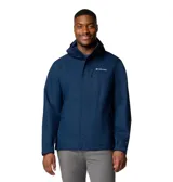 Campera impermeable Columbia modelo Hikebound II, color azul marino, con capucha ajustable, cierre frontal completo y bolsillo con cierre en el pecho. Diseño técnico con logo de la marca estampado.