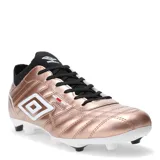 Championes de fútbol Umbro Legend para terreno firme, en color cobre metalizado con detalles en blanco y negro. Presentan un diseño con costuras reforzadas en el empeine, cordones negros y suela con tacos para tracción.