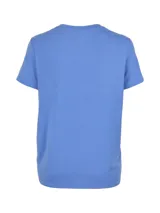 Remera técnica de manga corta Merrell, color azul, con cuello redondo y logo de la marca estampado en el pecho. Confeccionada con tecnología Drirelease para control de humedad, propiedades antiolor, protección UPF30+ y tejido elástico en cuatro direcciones.