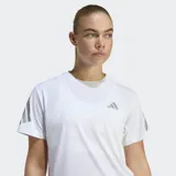 Remera deportiva Adidas de running, color blanco, con cuello redondo, mangas cortas con detalles reflectantes y logo de la marca en el pecho.
