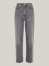 Pantalón jean gris de corte amplio y recto, con tiro alto y efecto lavado.