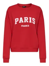 Buzo rojo de manga larga con cuello redondo y puños acanalados. Presenta un fit holgado y un largo corto, con estampado frontal que dice "PARIS FRANCE" en blanco.