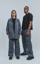 Campera gris de tejido liviano, con cuello camisero, cierre frontal de broches y puños elásticos. Presenta múltiples bolsillos cargo en el frente con ribetes reflectantes blancos.