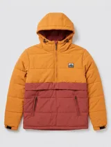 Campera tipo canguro con capucha, diseño bicolor en tonos naranja y bordó. Cuenta con cierre frontal parcial, bolsillo frontal amplio con cierre y ajuste en los puños.