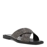 Sandalias planas marca Bottero con diseño de tiras cruzadas cubiertas de brillos. Presentan una punta cuadrada y una base plana con plantilla acolchada.