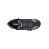 Calzado de trekking Merrell Crosslander 3, color negro con detalles en violeta y gris, con parte superior de ante y malla transpirable, puntera protectora y suela de goma con tracción duradera.