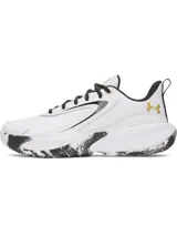 Championes deportivos Under Armour Lockdown 8, de color blanco con detalles en negro y dorado. Cuenta con parte superior de malla transpirable, superposiciones de cuero, entresuela de EVA y suela de caucho con patrón de tracción.