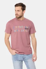 Remera de manga corta color gris, con cuello redondo y estampado frontal multicolor con diseño de remos y tipografía de la marca.