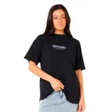 Remera de algodón color negro, de corte holgado y manga corta, con estampa pequeña en el centro del pecho que incluye el logo de la marca.