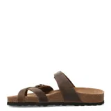 Sandalias Freeway de cuero graso color marrón habana, con diseño de doble tira ajustable mediante hebillas metálicas y suela anatómica de corcho con base de goma antideslizante.