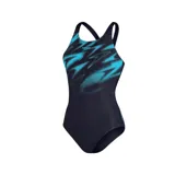 Malla enteriza Speedo de mujer, color negro con estampado abstracto en celeste.