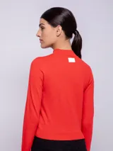 Polera negra de tejido de punto, manga larga y cuello alto.