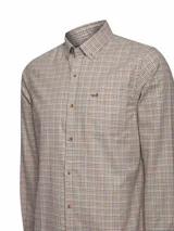 Camisa de franela de algodón orgánico para hombre, con cuello de botón y estampado a cuadros en tonos beige, azul, verde y rojo. Presenta un bolsillo en el pecho con el logo de la marca bordado.
