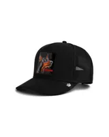 Gorra tipo trucker de color negro con frente rígido y parte trasera de malla. Presenta un parche bordado en el frente con la imagen de un perro doberman y la palabra 'BEWARE' en letras rojas.