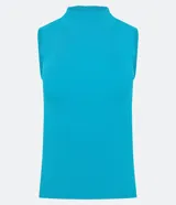 Musculosa femenina de punto acanalado con cuello alto y tirantes anchos, confeccionada en tejido de viscosa y poliamida.