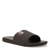 Sandalias tipo ojota de hombre, color marrón con textura, con banda superior ancha que incluye un aplique decorativo con logo.