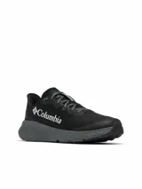 Championes de running Columbia modelo Konos Featherweight, color negro con suela gris oscuro. Presentan parte superior de malla tejida ultratranspirable, sistema de amortiguación Omni-MAX, entresuela TechLite+ para mayor retorno de energía y suela Omni-Grip para tracción en diversos terrenos.