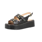 Sandalias negras con plataforma, tiras con hebillas doradas y textura croco.