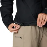 Campera impermeable Columbia modelo Hikebound II, color negro, con capucha ajustable, cierre frontal con solapa, bolsillos con cremallera y puños ajustables.