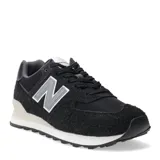 Championes urbanos New Balance modelo 574, color negro con detalles en gris y blanco, confeccionados en gamuza y malla, con logo "N" característico en los laterales y entresuela ENCAP.