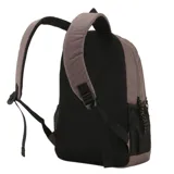 Mochila de lona jaspeada color gris y negro, con bolsillo lateral de red, correas acolchadas ajustables, interior con repartición para notebook y bolsillo frontal con cierre.