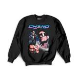 Buzo negro de cuello redondo con estampado gráfico frontal inspirado en el artista Chano, con estética retro y colores neón.