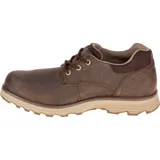 Zapato de hombre Caterpillar modelo Prez, color marrón oscuro, estilo casual de caña baja con cordones. Fabricado en nobuck impermeable, forro de malla de nailon, plantilla Ease y suela de goma duradera.