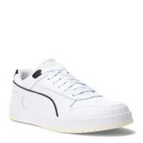 Championes Puma modelo RBD Game Low, de diseño urbano y deportivo. Presentan una estructura de cuero sintético en color blanco con detalles en negro en el lateral y el talón. Cuentan con cierre de cordones, suela de goma resistente y logo de la marca en la lengüeta.