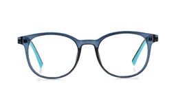 Anteojos de receta con armazón de acetato en color azul traslúcido y detalles en turquesa en el interior de las patillas. Diseño de frente redondeado.