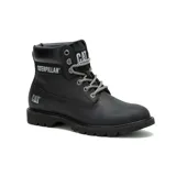 Bota de cuero color negro con diseño robusto, cordones bicolores y suela de goma dentada de alta tracción. Presenta el logo de la marca en el lateral y en la lengüeta.