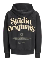 Canguro negro con capucha, de corte holgado y mangas raglán. Presenta un gran estampado en color beige en la espalda con la inscripción "Studio Originals" y texto descriptivo, además de puños y dobladillo acanalados.