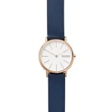 Reloj Skagen Signatur con caja redonda de acero inoxidable color oro rosa de 30mm, esfera blanca mate con agujas doradas y correa de cuero azul.