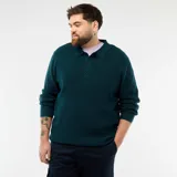 Sweater de punto en color azul oscuro, con cuello tipo polo y cierre frontal de tres botones. Presenta un diseño de manga larga con puños acanalados y una textura sutil en el tejido.