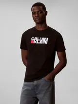 Remera de algodón negro Calvin Klein, de manga corta, con cuello redondo y estampado gráfico frontal con logotipo en blanco y rojo.