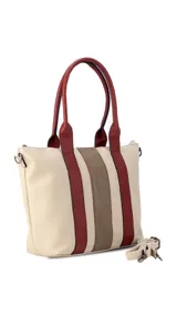 Bolso tipo tote bag de símil cuero con diseño de bloques de color verticales: verde oliva, negro y beige. Posee dos asas de mano negras y una correa ajustable desmontable del mismo color verde oliva del cuerpo principal.